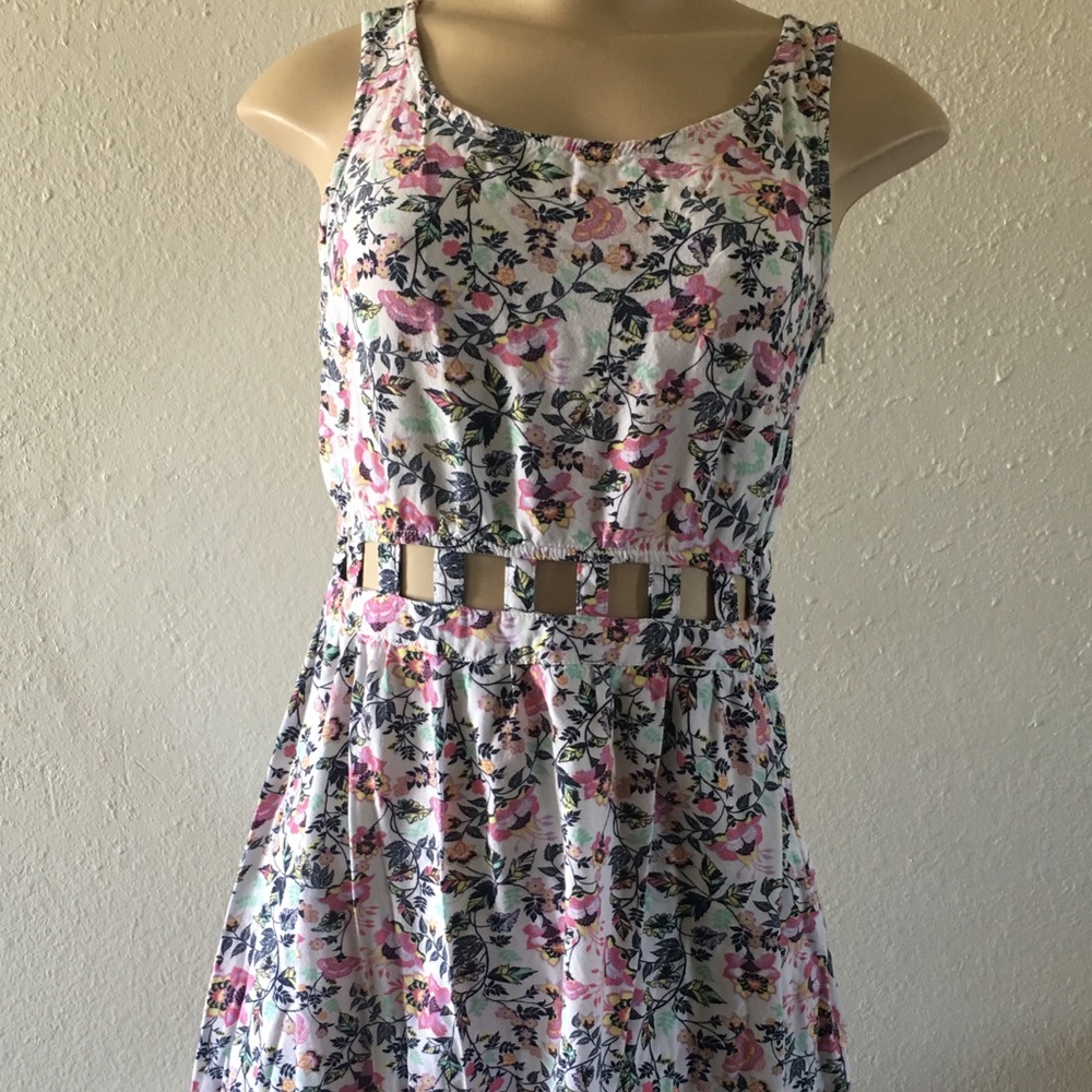 Floral dress with an open back.